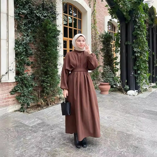 Drawstring Sleeve Solid Color Dress Dubai