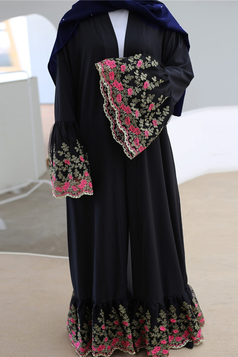 Gold Silk Embroidered Dubai Long Cardigan Robe