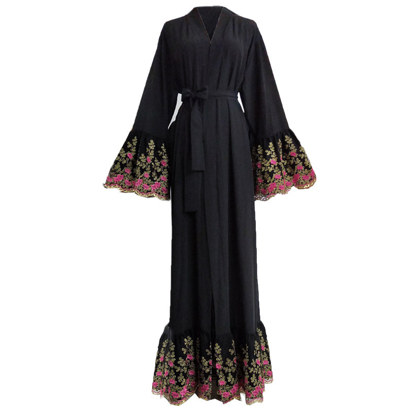 Gold Silk Embroidered Dubai Long Cardigan Robe