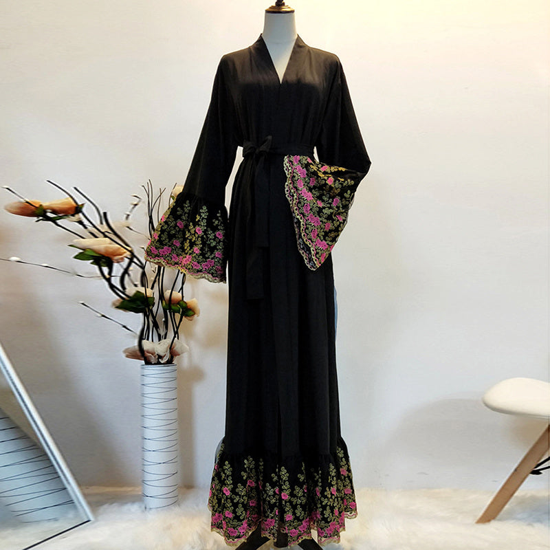 Gold Silk Embroidered Dubai Long Cardigan Robe