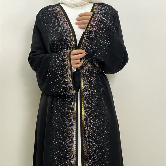Rhinestone Lace-Up Cardigan Dress With Pocket