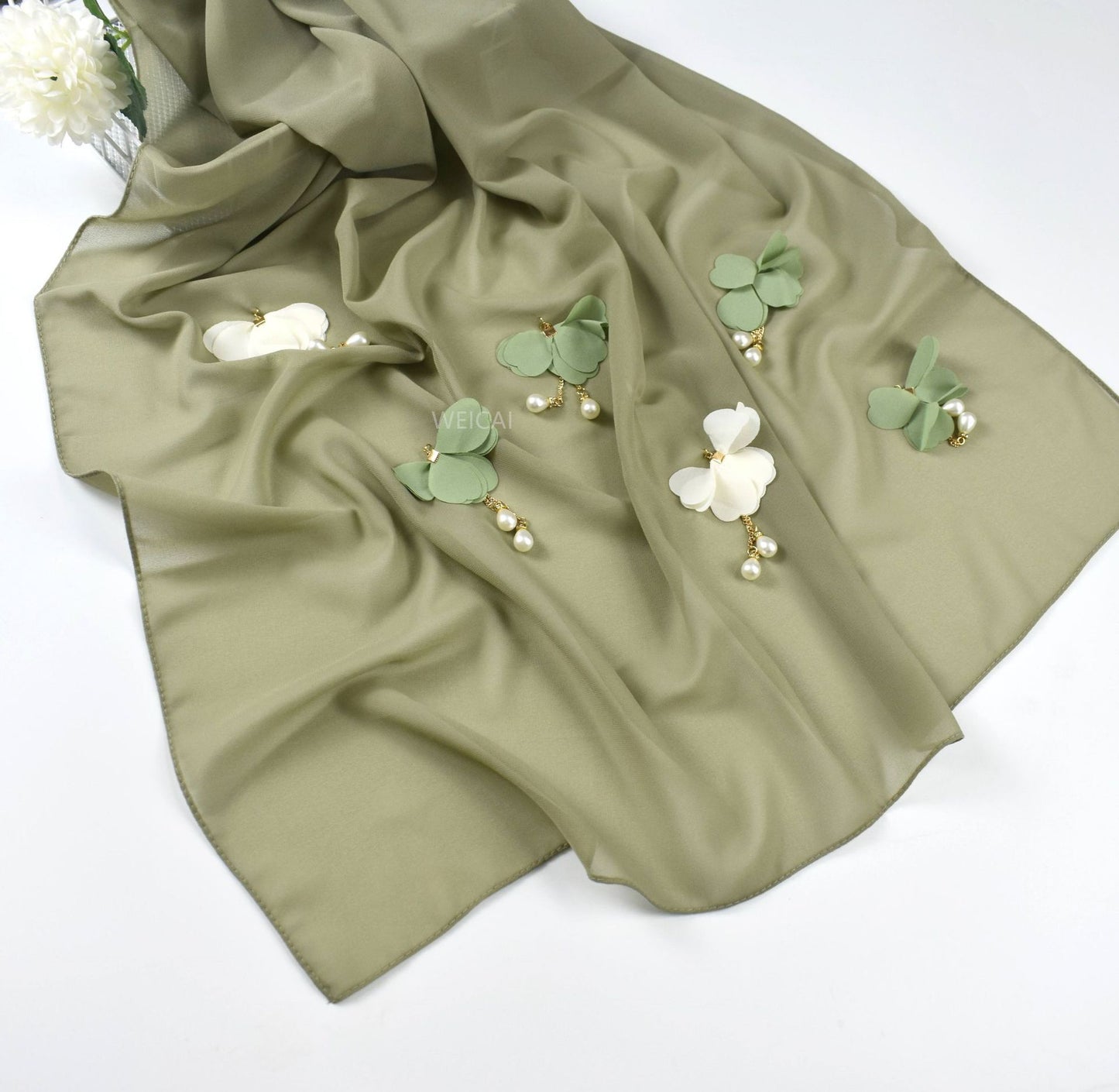Pearl Chiffon Floral Gauze Scarf For Women