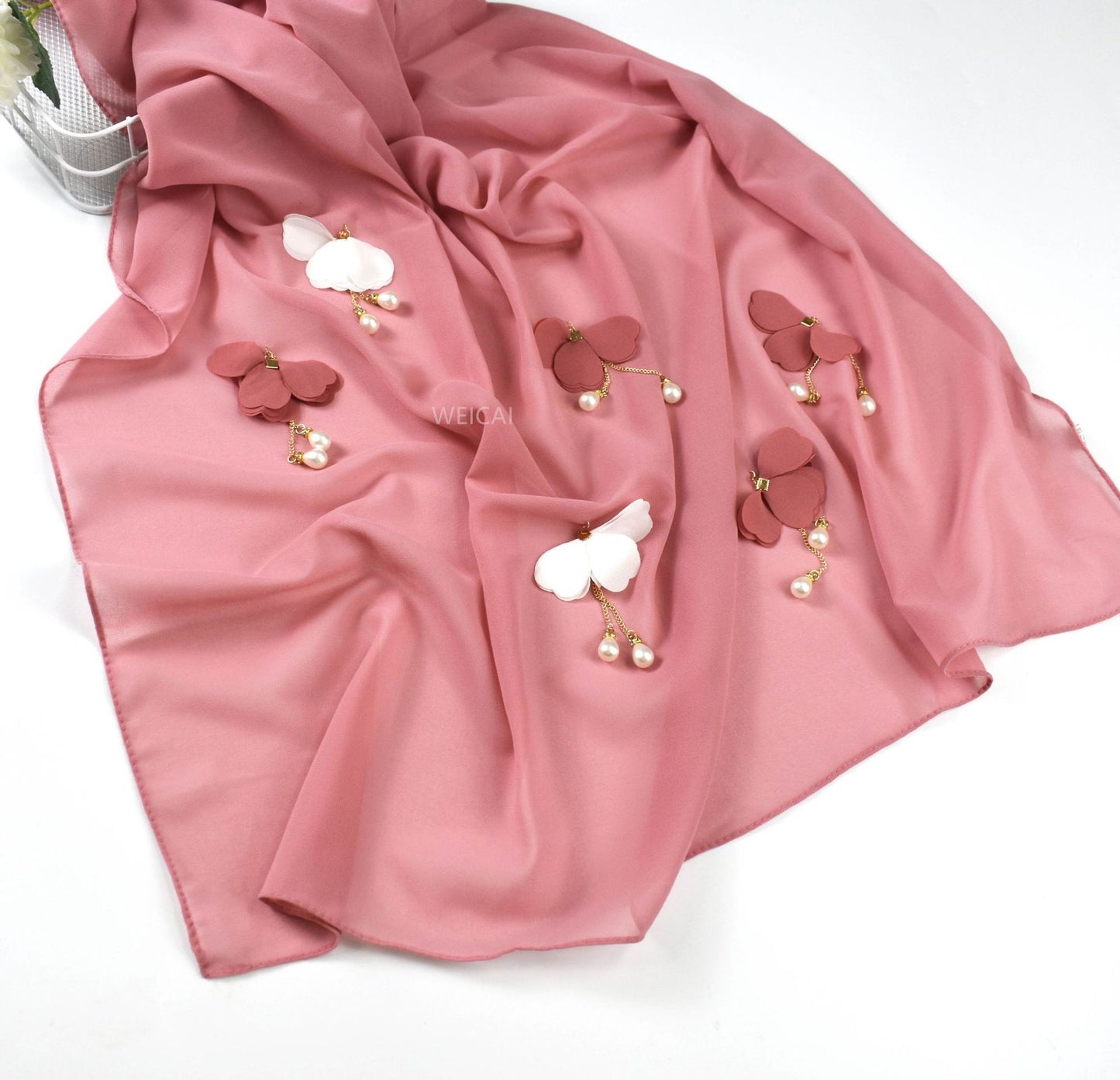 Pearl Chiffon Floral Gauze Scarf For Women