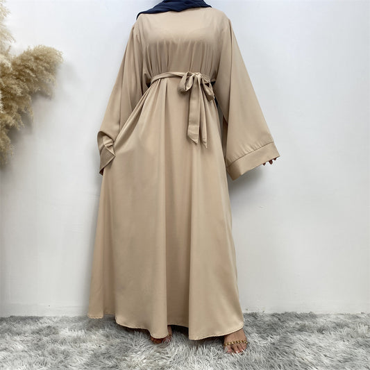 Solid Lace Up Muslim Robe Dress from Dubai Style