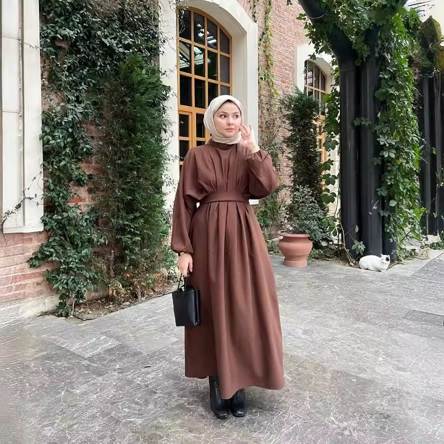 Drawstring Sleeve Solid Color Dress Dubai