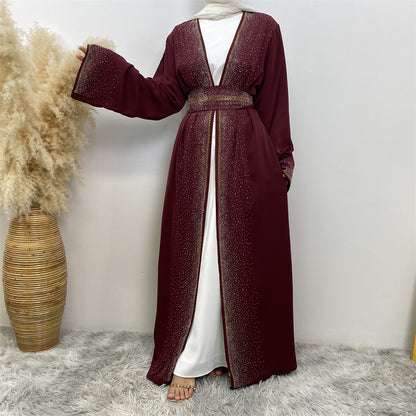 Rhinestone Lace-Up Cardigan Dress With Pocket