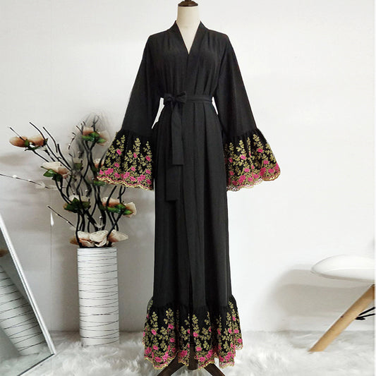 Gold Silk Embroidered Dubai Long Cardigan Robe