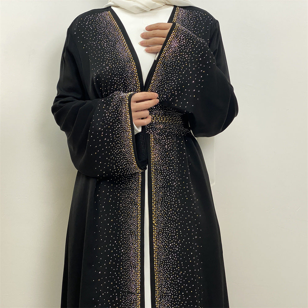 Rhinestone Lace-Up Cardigan Dress With Pocket