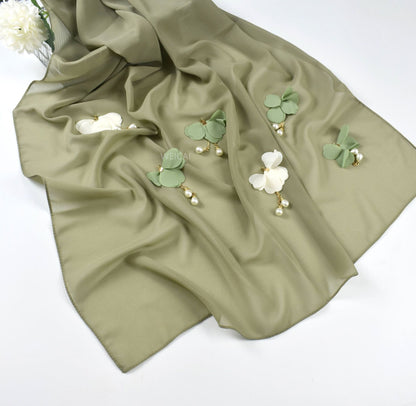 Pearl Chiffon Floral Gauze Scarf For Women