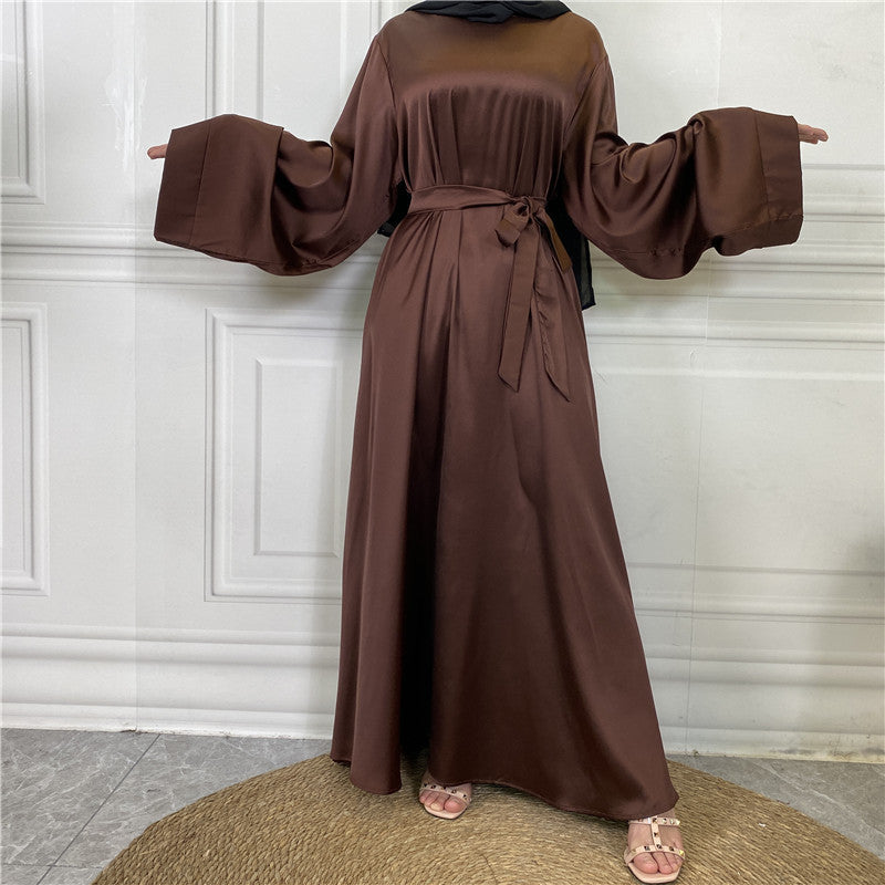 Lace Up Satin Muslim Long Dress Dubai Collection