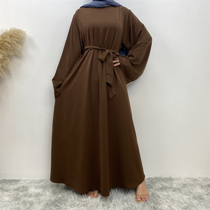 Solid Lace Up Muslim Robe Dress from Dubai Style