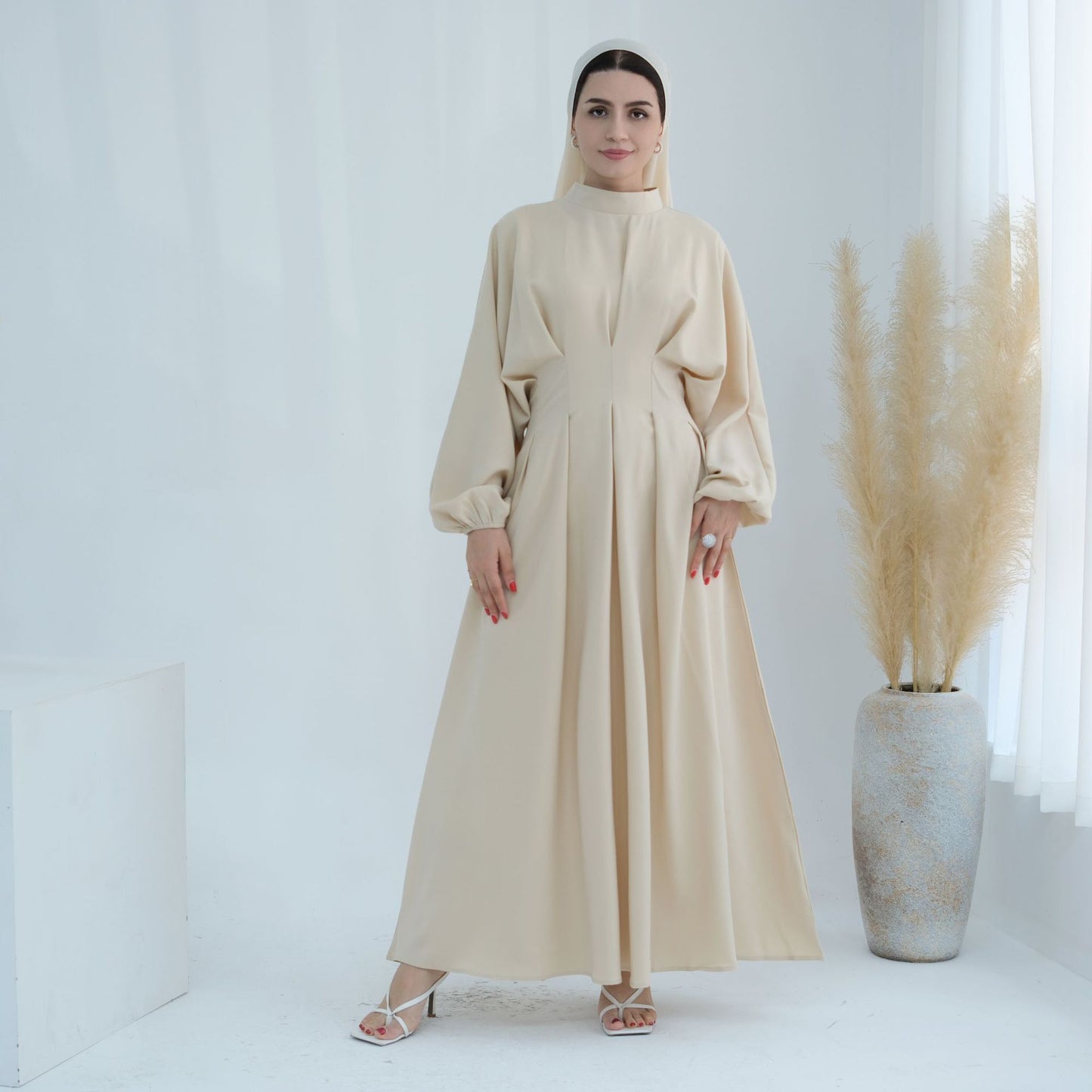 Drawstring Sleeve Solid Color Dress Dubai