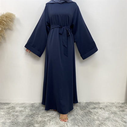 Solid Lace Up Muslim Robe Dress from Dubai Style