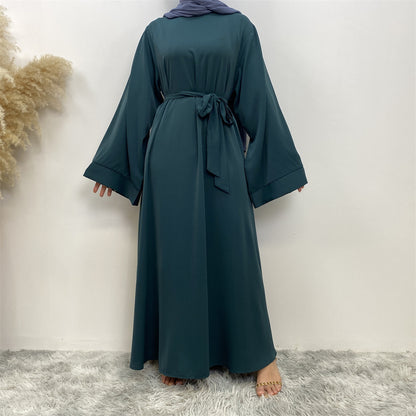 Solid Lace Up Muslim Robe Dress from Dubai Style