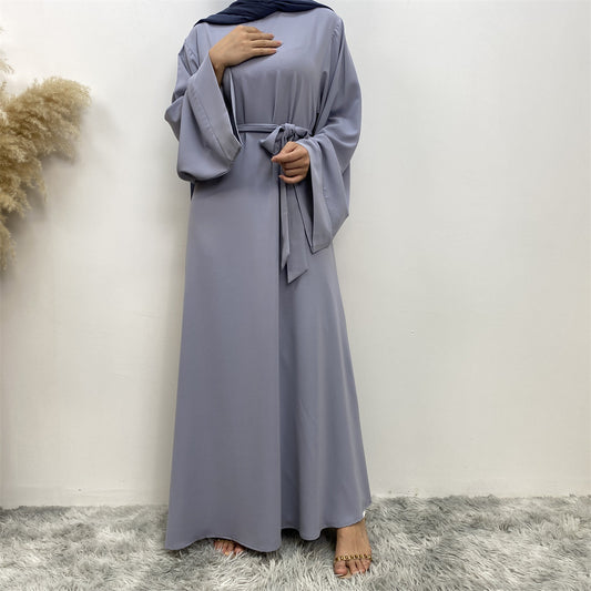 Solid Lace Up Muslim Robe Dress from Dubai Style