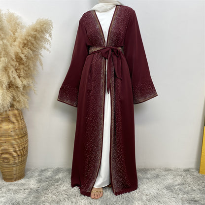 Rhinestone Lace-Up Cardigan Dress With Pocket